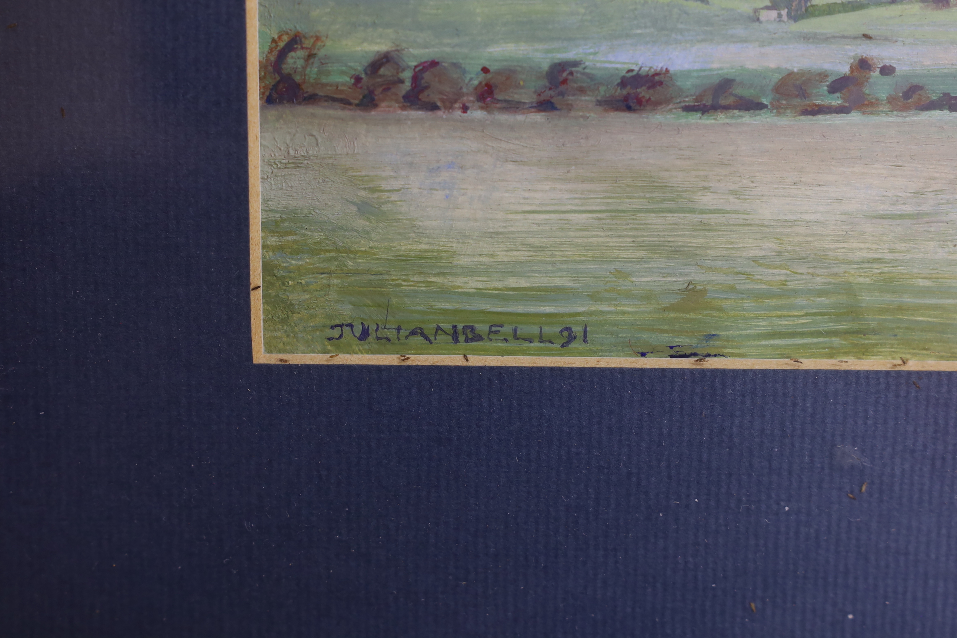 Julian Bell '91 (b.1952) mixed media, possibly gouache, Panoramic rural landscape, signed, 39 x 17cm